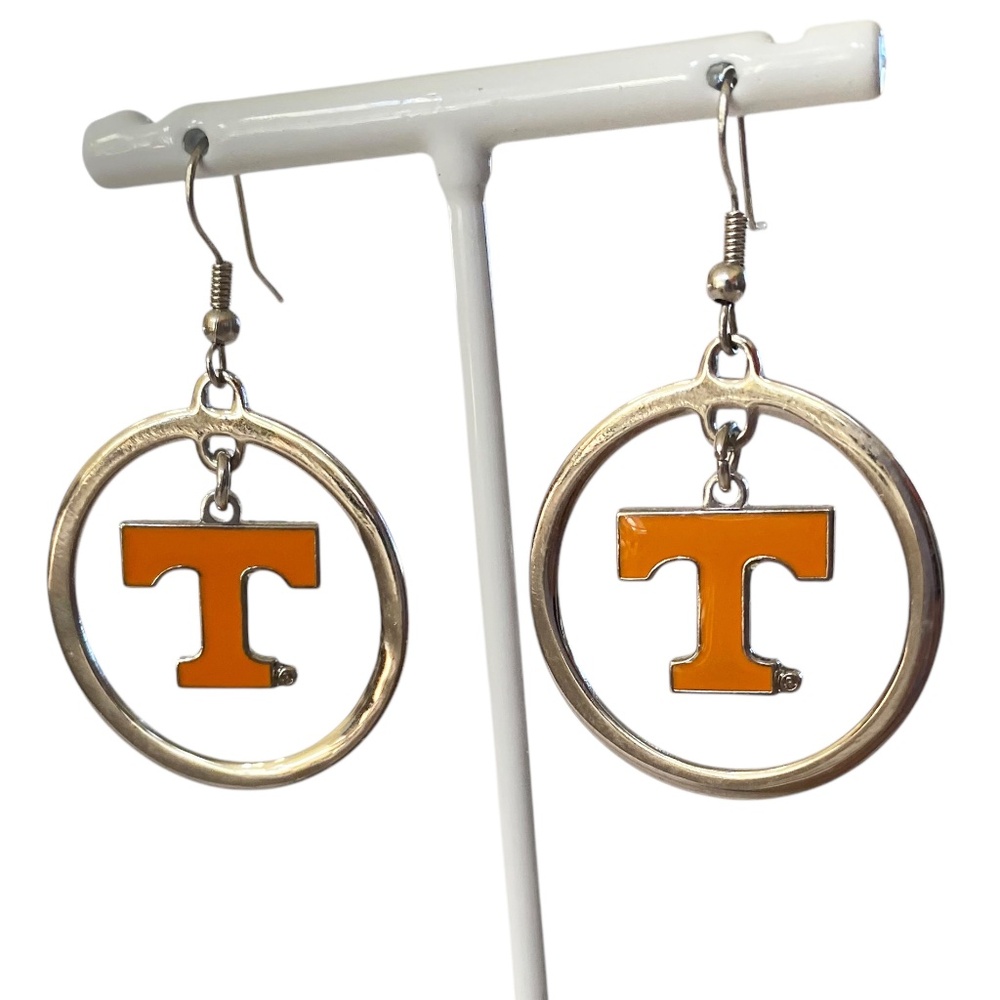 Large Orange T Logo Silver Tone Loop Dangling Drop Marked Earrings